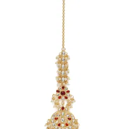 I Jewels Gold-Plated & Maroon Kundan & Pearl Studded Handcrafted Maang Tika image 2