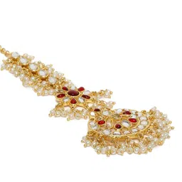 I Jewels Gold-Plated & Maroon Kundan & Pearl Studded Handcrafted Maang Tika image 3