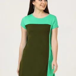 Fleximaa Olive Green Colourblocked Longline Pure Cotton Top image 1