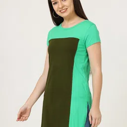 Fleximaa Olive Green Colourblocked Longline Pure Cotton Top image 4