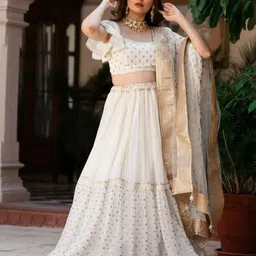 Lavanya The Label Women White & Gold-Toned Ready to Wear Lehenga & Blouse With Dupatta image 1
