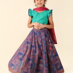 Fabindia Girls Embroidered Flutter Sleeves Ready to Wear Lehenga & Blouse With Dupatta-picture-0