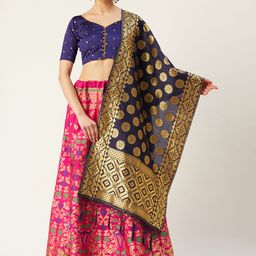 Mitera Pink & Navy Blue Woven Design Semi-Stitched Lehenga & Unstitched Blouse with Dupatta-picture-12