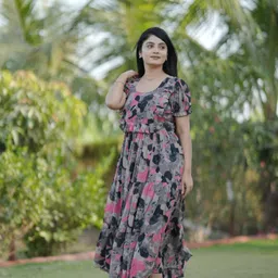 h n sorathiya Floral Print Georgette Stitched Anarkali Gown image 4