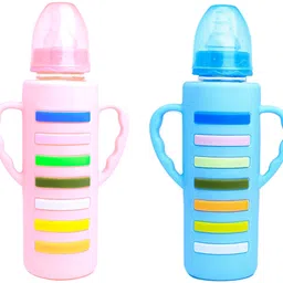 the little lookers Glass Feeding Bottle with Handle Silicon Cover for Baby - Pink & Blue (240ml) - 240 ml-picture-21