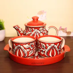 hoomert Pack of 1 Ceramic Handcrafted Tea Set with Tray – 1 Kettle, 2 Cups, and Tray-picture-23
