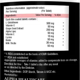 amyleord L-Glutathione Tablet 1000mg with Vitamin C&E, Biotin, Grape Seed for Skin Glow image 2