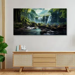 nestroots Canvas Framed Serene Forest wild Waterfall Wall Painting(18X36 Inch)-picture-11