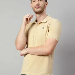 cantabil Men Solid Polo Neck Cotton Blend Beige T-Shirt image 4