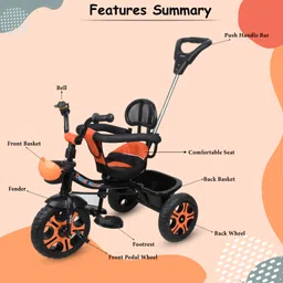 toyshoppee Parent Handle Tricycle With Soft Seat,Front-Back Basket,Safety Harness,Footrest KIDS BEST TRIKE FOR 1-4 YEARS BABY Tricycle image 2