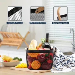birud Metal Mesh Basket, Multipurpose Storage Basket With Bamboo Handle For Kitchen Iron, Bamboo Fruit & Vegetable Basket image 3