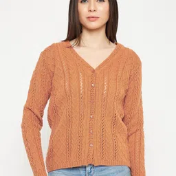 CREATIVE LINE Open Knit Self Design V-Neck Woollen Cardigan Sweater image 1