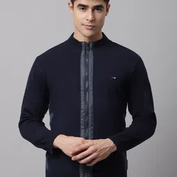 Cantabil Men Navy Blue Colourblocked Mock Collar Cardigan image 1