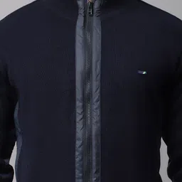 Cantabil Men Navy Blue Colourblocked Mock Collar Cardigan image 2