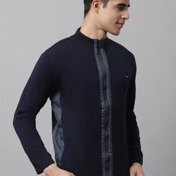 Cantabil Men Navy Blue Colourblocked Mock Collar Cardigan image 3