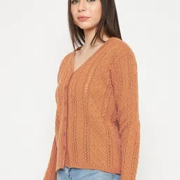 CREATIVE LINE Open Knit Self Design V-Neck Woollen Cardigan Sweater image 4