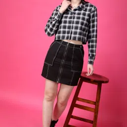 popwings Women Boxy Fit Checkered Spread Collar Casual Shirt image 4