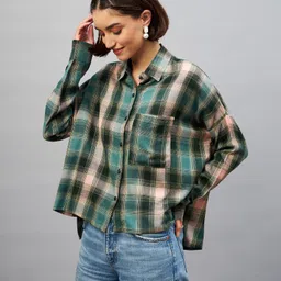 chimpaaanzee Women Oversized Fit Checkered Spread Collar Casual Shirt-picture-10