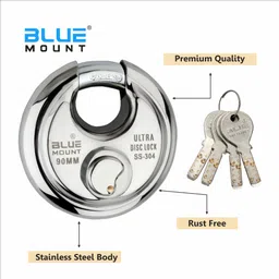 bluemount SHUTTER LOCK,GODOWN LOCK,DOOR LOCK,DISC PAD LOCK ULTRA KEYS 90MM 304 S.S. Padlock image 4