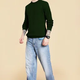 nikline Men Self Design Round Neck Green Sweater-picture-11