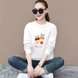 Women Printed, Typography Round Neck Pure Cotton White T-Shirt-image-4