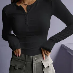 navyankaa Casual Regular Sleeves Solid Women Black Top image 5