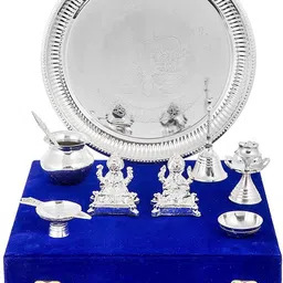 Silver Laxmi Ganesh Idol/Murti, 6 Peices Pooja set in Red Velvet Box Brass, Polyresin, Silver-image-0