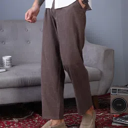 campus sutra Men Straight Fit Brown Corduroy Trousers image 2