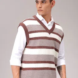 the indian garage co. Men Striped V Neck Brown Sweater image 4