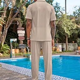 chkokko Men Shirt & Pyjama set Beige Solid image 2