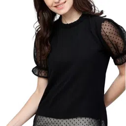 Casual Puff Sleeves Solid Women Black Top-image-7