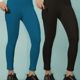 Solid Women Blue, Black Tights-image-2
