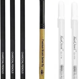 craftacious Art 3Pc Black Charcoal Pencils, 2Pc 0.8mm White Pen & Smudger Brush for Blending-picture-28