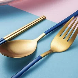 cherrybox Premium Spoon Fork & Chopstick Set - Flatware Dinnerware Cutlery with Box Blue Stainless Steel Cutlery Set image 5