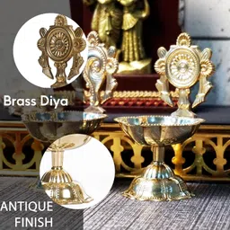 t-ka108 Diya for Puja Lamp for Home Temple Puja-Shanku Chakra Star Diya Set-Small Brass (Pack of 2) Table Diya image 3