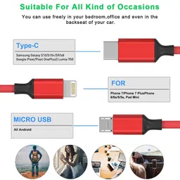 Bestor USB Type C Cable 2 A 1.2 m Multi Charging Cable 4ft 3 in 1 Nylon Braided Multiple Fast for Android, iOS and Devices USB Port Connectors Tablets And More image 5