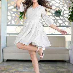 omsharda Women Gathered White Above Knee/Mid Thigh Length Dress image 3