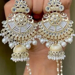 varun creations kundan kan chain jumki Drop And Danglers Kundan Mirror Log White Jaco Moti Beads Alloy Earring Set image 1