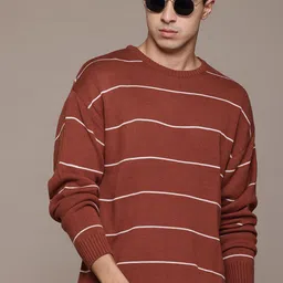 roadster Men Striped Round Neck Red Sweater image 1