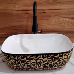 hisre Tabletop Ceramic Bathroom Kitchen Sink | Over Counter Top Wash Basin Bathroom Basin BLACK & GOLD colorful table top wash basin Table Top Basin image 2