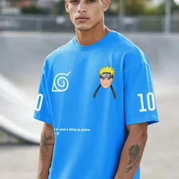 bewakoof Oversized Men Graphic Print Round Neck Pure Cotton Blue T-Shirt-picture-13