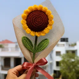 clapjoy Crochet Sunflower – Handmade Wool Flower with Net Wrap & Red Ribbon Yellow Sunflower Artificial Flower-picture-31