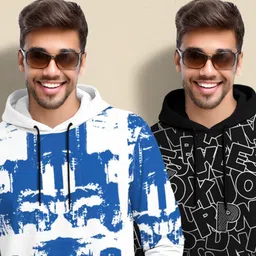 tripr Pack of 2 Men Printed Hooded Neck Cotton Blend White, Blue, Black T-Shirt image 4