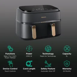 PHILIPS 3000 Series 9L 2750 Watt Digital Air Fryer with Rapid Air Technology (Black & Gold) image 3