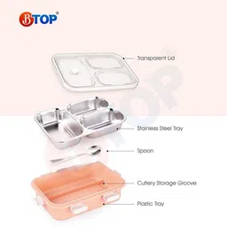 btop 3 Compartment Steel Lunch Box with Spoon, Leak-Proof Food Container 3 Containers Lunch Box image 5