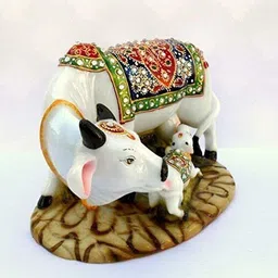 elitetouch Marble Decorative Kamdhenu Statue Cow & Calf Good Luck Figurine I Kamdhenu Decorative Showpiece - 10 cm image 3