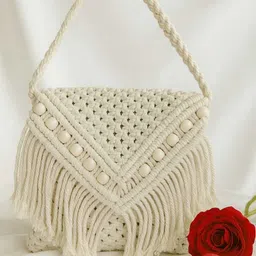 asad enterprises White Women Sling Bag Handcrafted Macramé Sling Bag with Fringes and Wooden Beads – Boho Style image 3