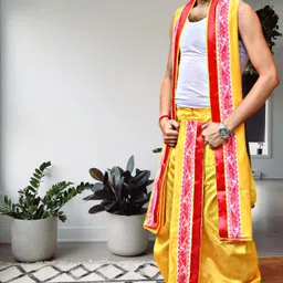 GOURI COLLECTIONS Men'S Ready To Wear Pant System Dhoti With Angavastram Set Embellished Men Dhoti image 4