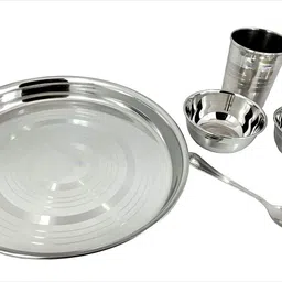 rbgiit Pack of 30 Steel Brand of Happiness Stainless Steel Thali Bhojan Set of Dinner Plate, Katori Bowl, Glass, Spoon Stainless Steel Dinner / Lunch Guest Serving Food Decorative Bhojan Thali Dinner Table Suitable All Places And Function Dinner Sets Dinner Set image 2