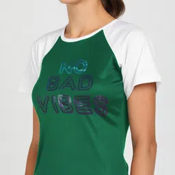 shashvi Women Typography, Colorblock Round Neck Polyester Green, White T-Shirt image 4